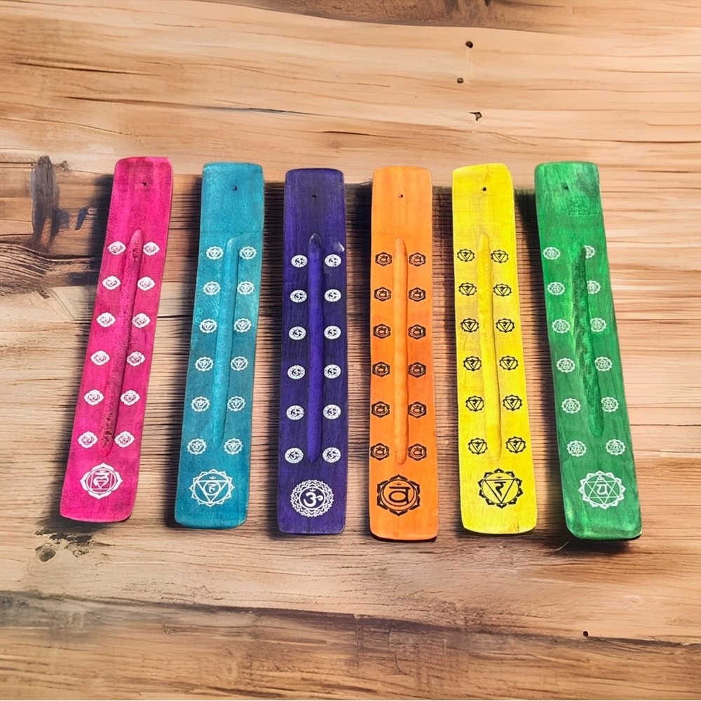 Set of 6 Handmade Hand-painted wooden incense holder catcher chakra Energy